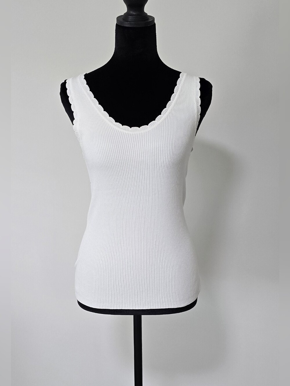 White Ribbed Tank Top with Scallop Trim
